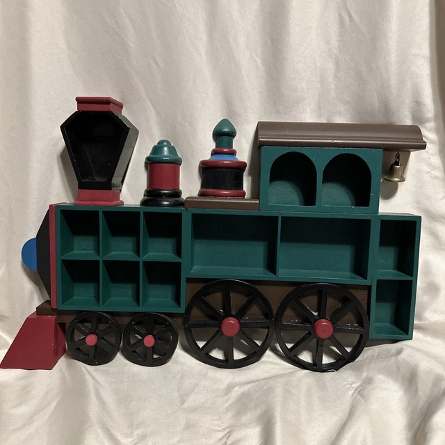 Vintage Wood Curio Knick Knack Wall Hanging Display Shelf Shadow Train Shaped