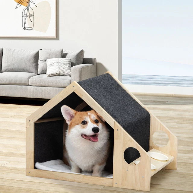 Hommoo Cat House with 2 Cat Bowls Outdoor Kitty Dining Room Pet House Wood ALKC6