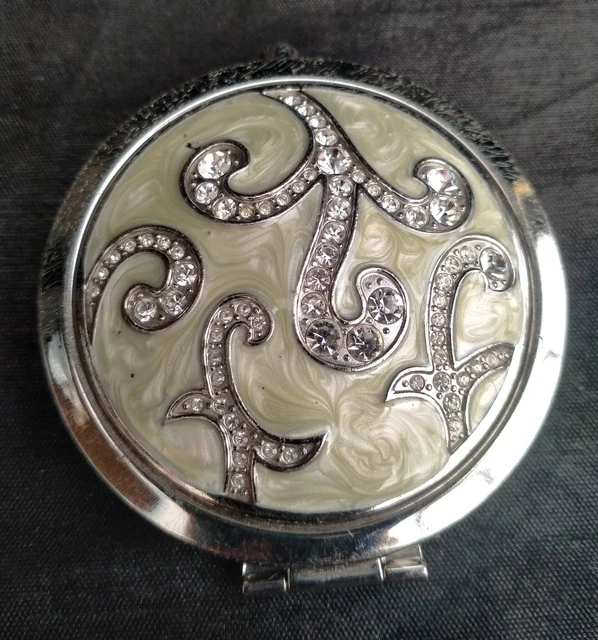 Vintage Silver Tone Mirror Compact Enamel and Stone Set Lid #0030 Good Condition