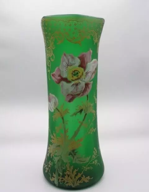 11" French Legras Green Pink POPPY Hand Painted Enamel Art Nouveau Glass Vase