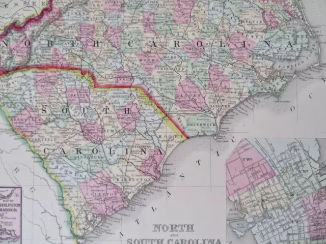 North & South Carolina state maps Charleston city plan 1870 Mitchell map