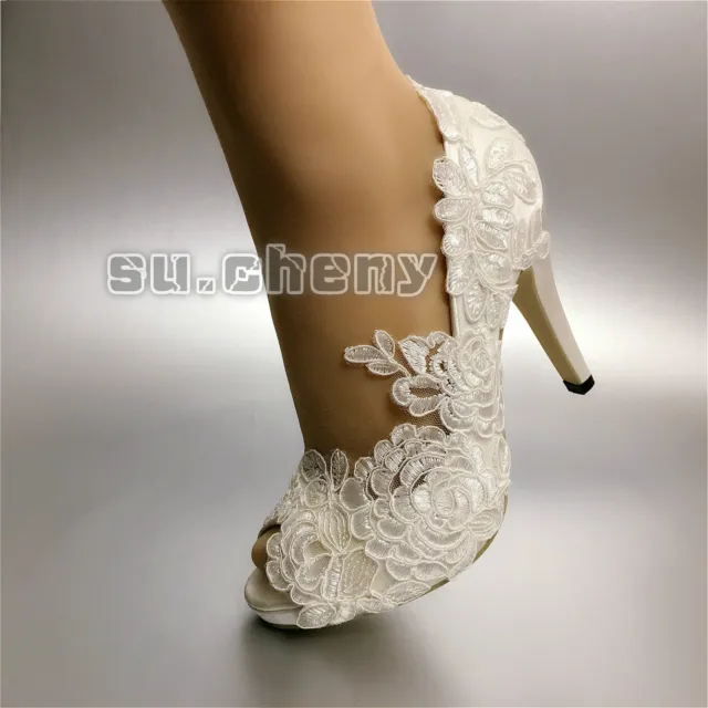 su.cheny 3" 4" heels white ivory fine satin lace open toe Wedding Bridal shoes