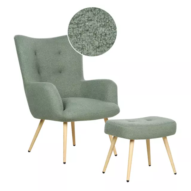 Fauteuil avec Repose-Pieds Vert Clair en Tissu Bouclé avec Dossier Boutons Capi