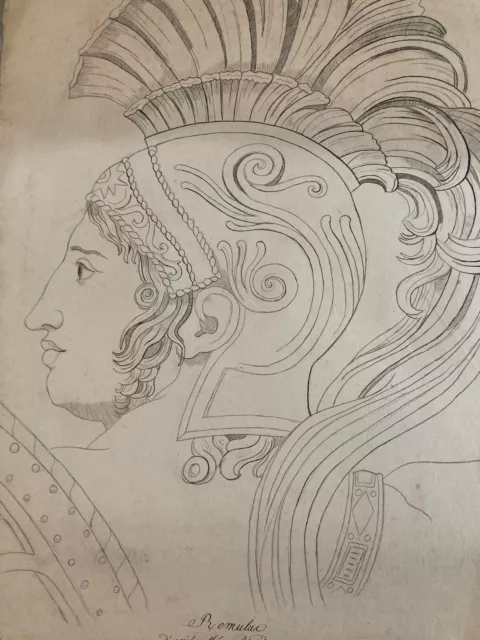 Dessin Au Crayon Portrait De Guerrier Romain XIXe Siècle - École Française - Art Ancien Sur Papier