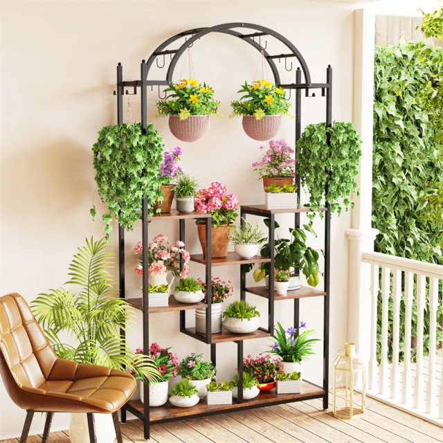 Heavy Duty Large Tall Plant Stand Arched Metal Flower Shelf with Hanging Hooks