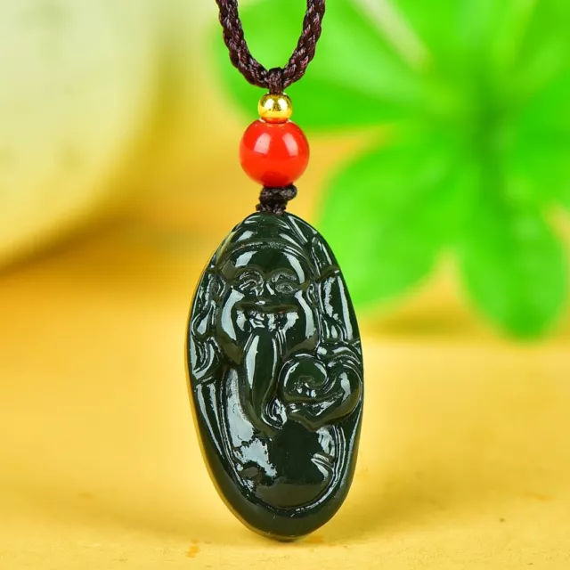 Chinese Hetian Gray Jade Hand Carving Buddhism Wealth God Pendant