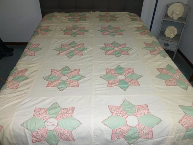 Beautiful Antique Memory Star Quilt Top Hand Applique Embroidered Signature