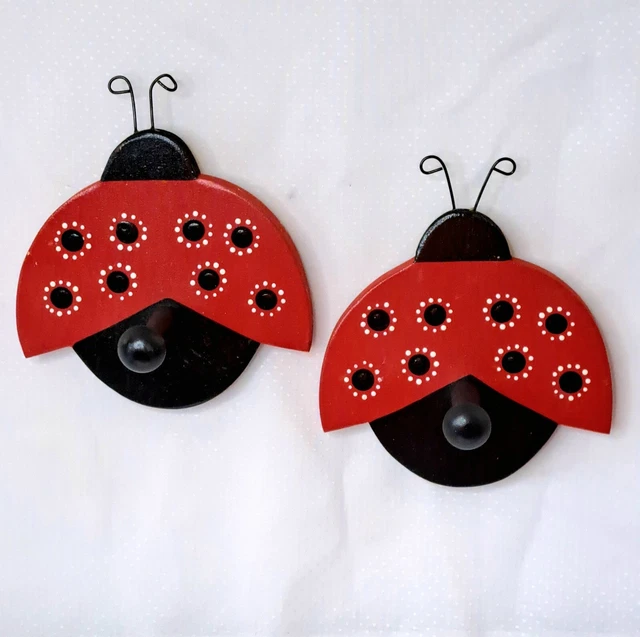 New Ladybug Shaped Painted Hook Coat, Towel Robe Black & Red MDF Pick Set 2 or 3