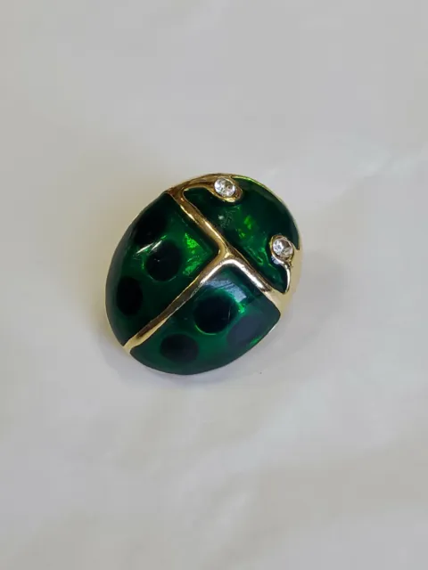 Green Ladybug Lapel Hat Jacket Pin Faux Jewel Eyes  Dark Green Enamel