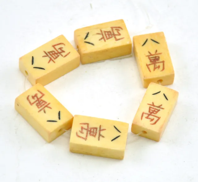 6 x Vintage Oriental Majohn Bone Carved Loose Bead Disc Hand Carved Mahjong Tile