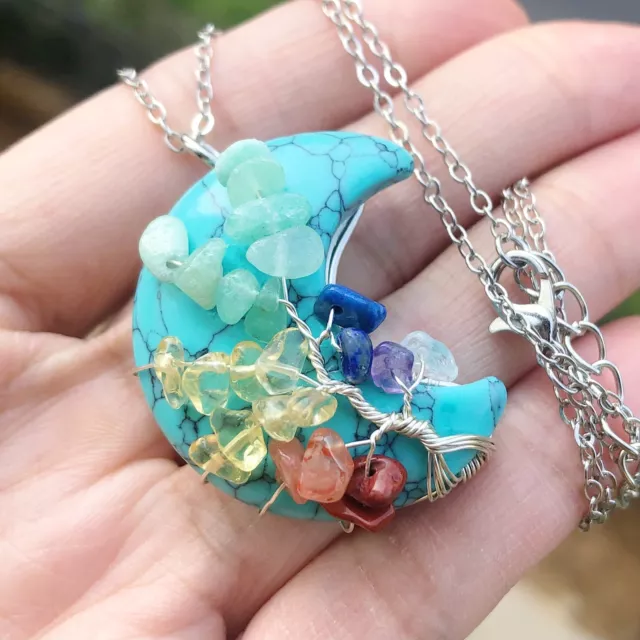 Turquoise Gem Stone Tree Of Life Moon Necklace Chakra Reiki Healing Amulet
