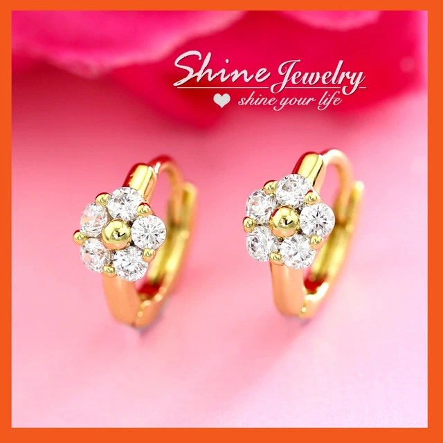 9K Gold Gf Crystal Flower Womens Girls Kids Small Cartilage Hoop Huggie Earrings