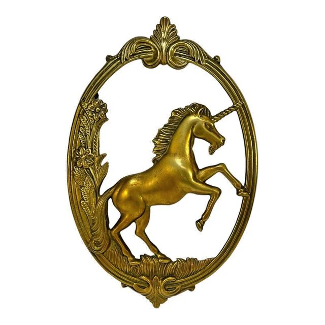 VINTAGE SOLID BRASS Unicorn Ornate Framed Mythical Wall Decor 1970's