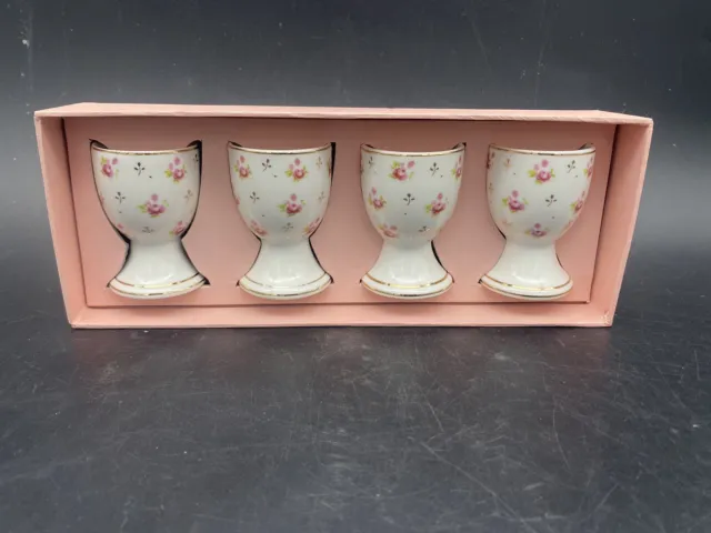 Egg Cups Grace's Teaware  Pink Roses Gold Accents Porcelain Holders NIB Set Of 4