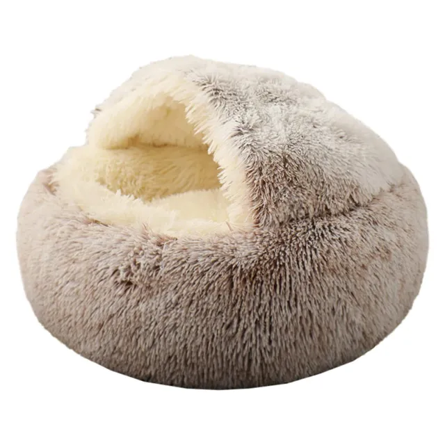 Cat Bed Cave Round Plush Fluffy Hooded Cat Bed Donut Self Warming Pet Dog Bed 2