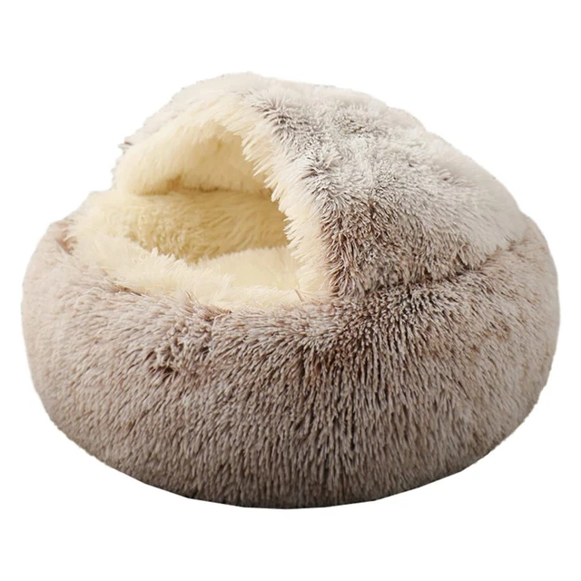Donut Self Warming Pet Dog Bed Cat Bed Cave Round Plush Fluffy Hooded Cat Bed