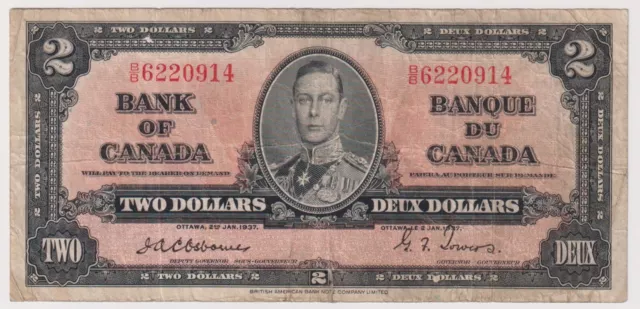 1937 $2 Bank of Canada - Fine - Osborne Towers - B/B Prefix - inv#251