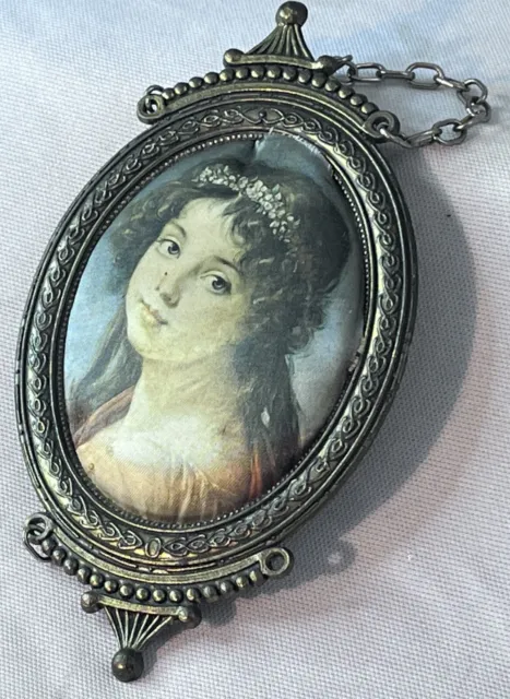 Brass Metal Antique Vintage Small Oval Hanging Framed Silk Print of girl (Italy)