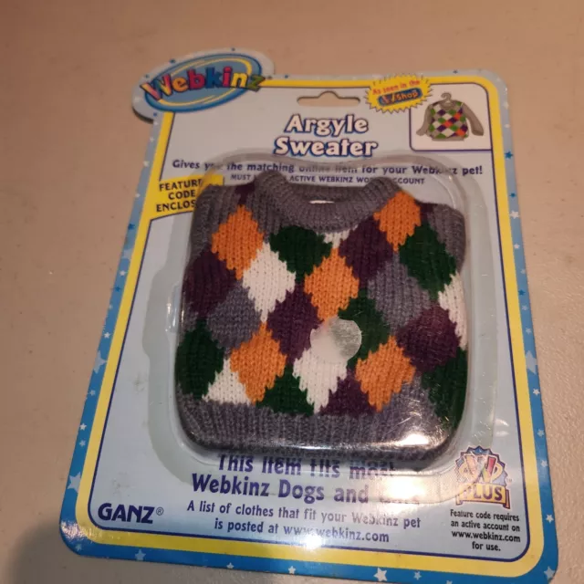 NEW Webkinz Argyle sweater with unused code, webkinz clothes NOS