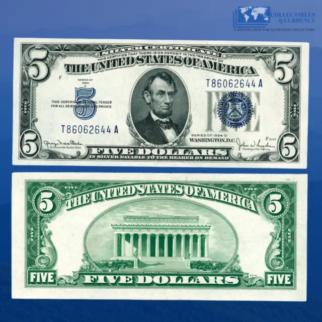 1934D $5 Dollars Silver Certificates Blue Seal, Narrow Face, AU #62644