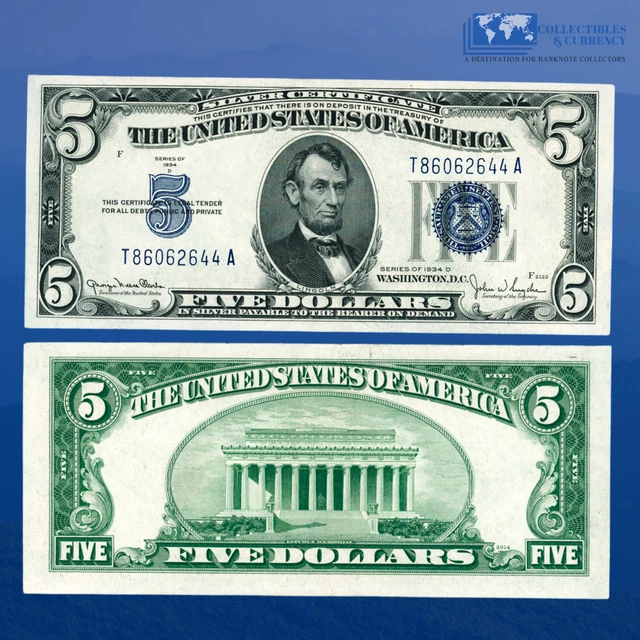 1934D $5 Dollars Silver Certificates Blue Seal, Narrow Face, AU #62644