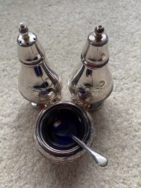 Boxed Used Silver Plated  4 Piece Cruet Set . Blue Glass Lined Mustard Pot