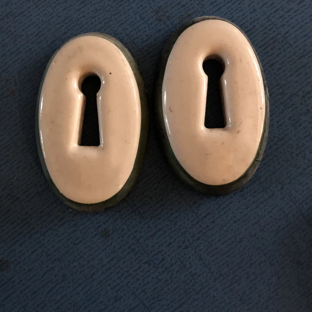 Antique Keyhole Covers Porcelain White/Gold trim c1900s Lot of 2