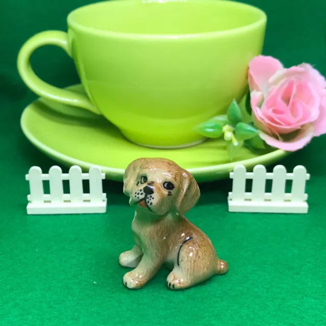 Tiny Brown Dog Miniature Figurine Ceramic Handmade Collectible Decor Home Doll