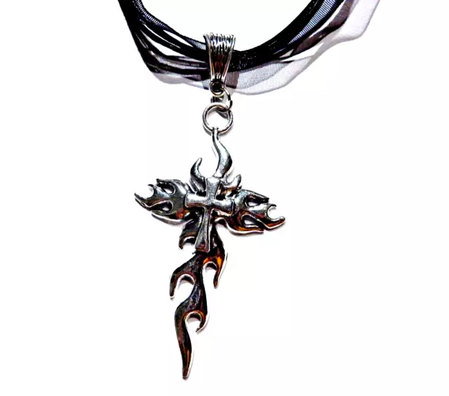 FLAMING CROSS CHOKER fire flames black ribbon pendant gothic necklace 90s Y2K S5