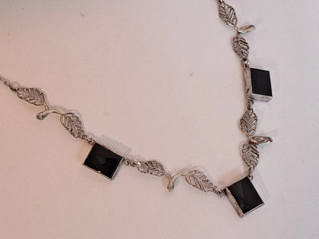 Art Deco Nouveau SIMMONS Sterling Silver Black Onyx Leaf Collar Choker Necklace