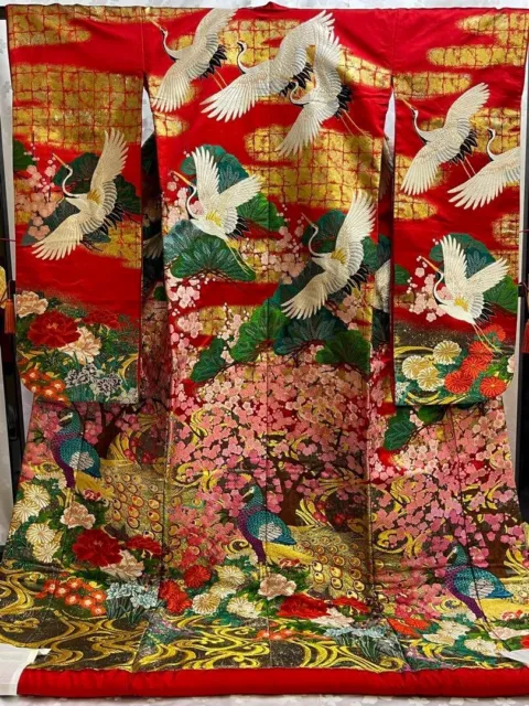 Japanese Silk Kimono Robe Uchikake Wedding Embroidery Red Antique U30