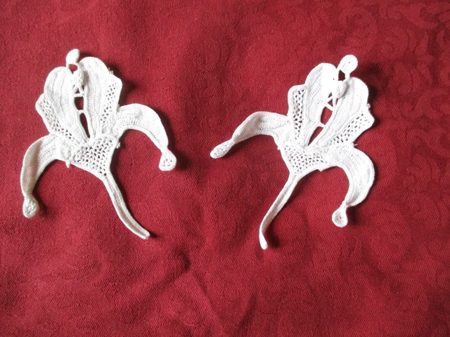 2 grands motifs dentelle faite main d Irlande fleurs iris anciens XIXe-1900