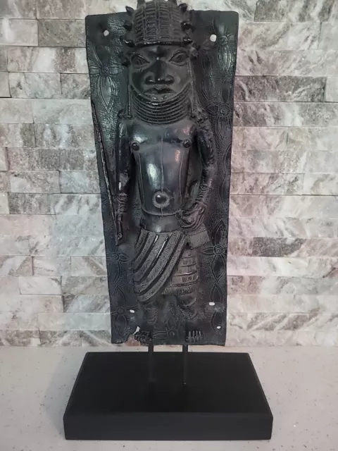 African Warrior Benin Wooden Plaque On Stand