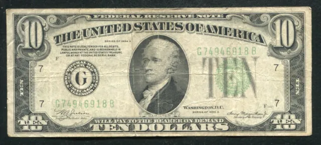 1934-A $10 Ten Dollars Frn Federal Reserve Note Chicago, Il Very Fine (D)