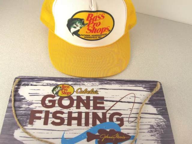 FISHERMAN'S LOT CABELA'S Gone Fishing Wall Sign + Bass Pro Shops Trucker  Hat/Cap $24.99 - PicClick