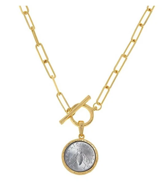 Bellezza 18"  Bee Lira Coin Oval Link Toggle Drop Necklace