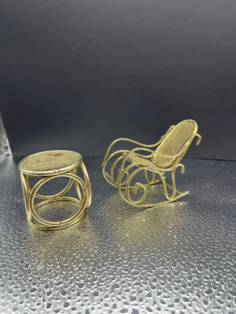 Vintage 1:12 Dollhouse Furniture Brass Rocking Chair and Side Table