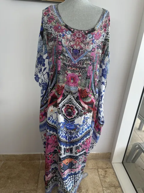 NWT CAMILLA Round Neck Silk Caftan Maxi Dress Blue Pink Flowers Crystal OS