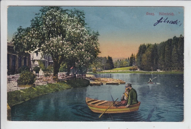 AK Graz, Hilmteich, Paar im Ruderboot, 1919