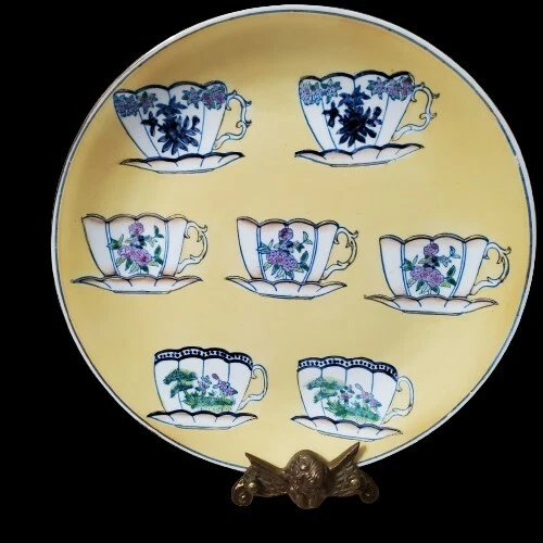 Vtg Oriental Accent Decorative Plate Hand Painted 10" Yellow Teacup Design
