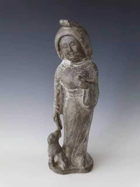 Rare Large Chinese Limestone Figure of a Lady Feeding a Dog Tang Dynasty