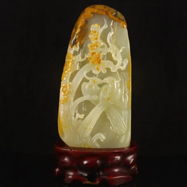 Chinese Natural Hetian Jade Statue-Magpie & Plum Flower
