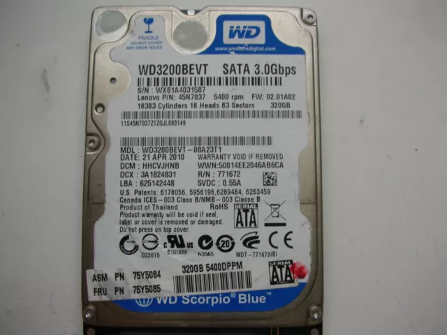 WD Scorpio Blue 320gb WD3200BEVT-08A23T1 2061-771672-F04 Aa 2,5 " SATA