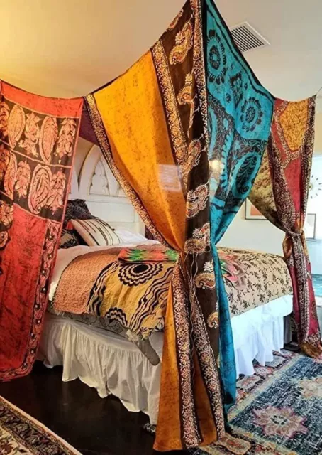 Indian Vintage Handmade Hippie Saree Silk Bed Canopy Curtain Drapes Room Canopy