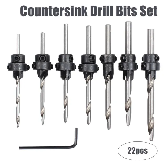 Tapered Drill Bits Countersink Set Stop Collars Hex Key Wood Pilot Hole DIY New