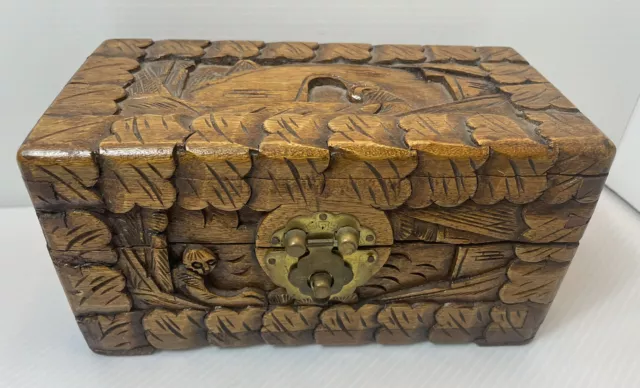 Large Antique Chinese Hand Carved Camphor Wood Chest 8 By 4 By 4 Inches