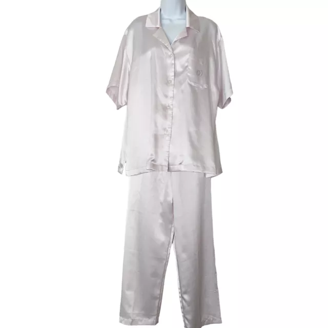 Vtg Christian Dior Womens Pajama 2 pc Set Satin Light Pink Long Pant S/S Top, L