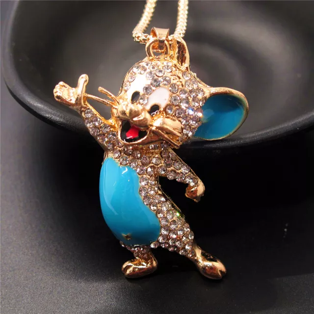 Fashion Women  Blue Rhinestone Cute Enamel Mouse Crystal Pendant Chain Necklace
