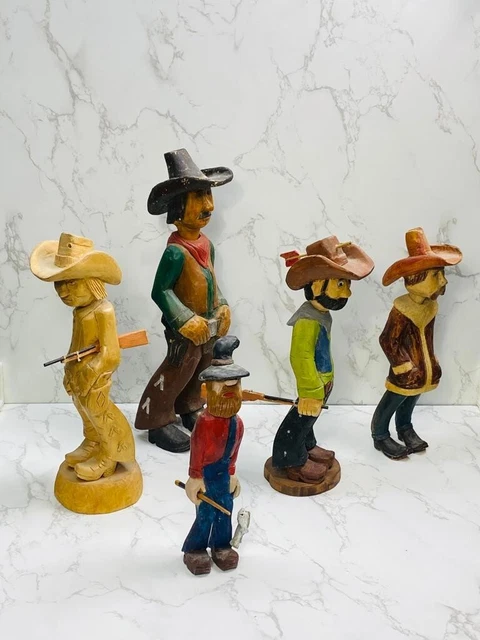 Vintage Hand Carved Wooden Cowboy Figure Folk Art Lot of 5