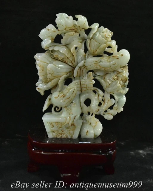 8.4" Rare Old Chinese Natural Jadeite Jade Carving Feng Shui Flower Bird Statue